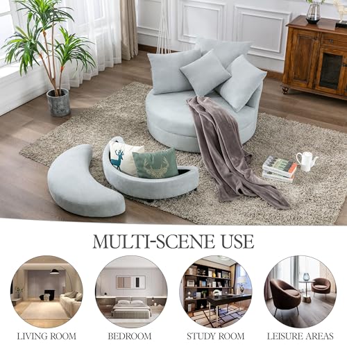 Oversized Beige Corduroy Swivel Accent Barrel Chair with Storage Ottoman and 4 Pillows Z728