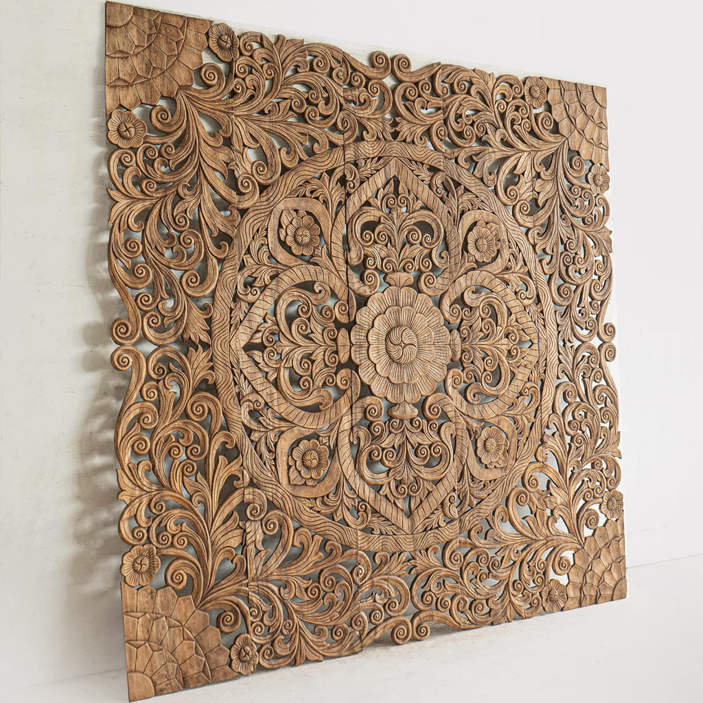 Brown Texas King Size Wood Carved Hanging Headboard F31679