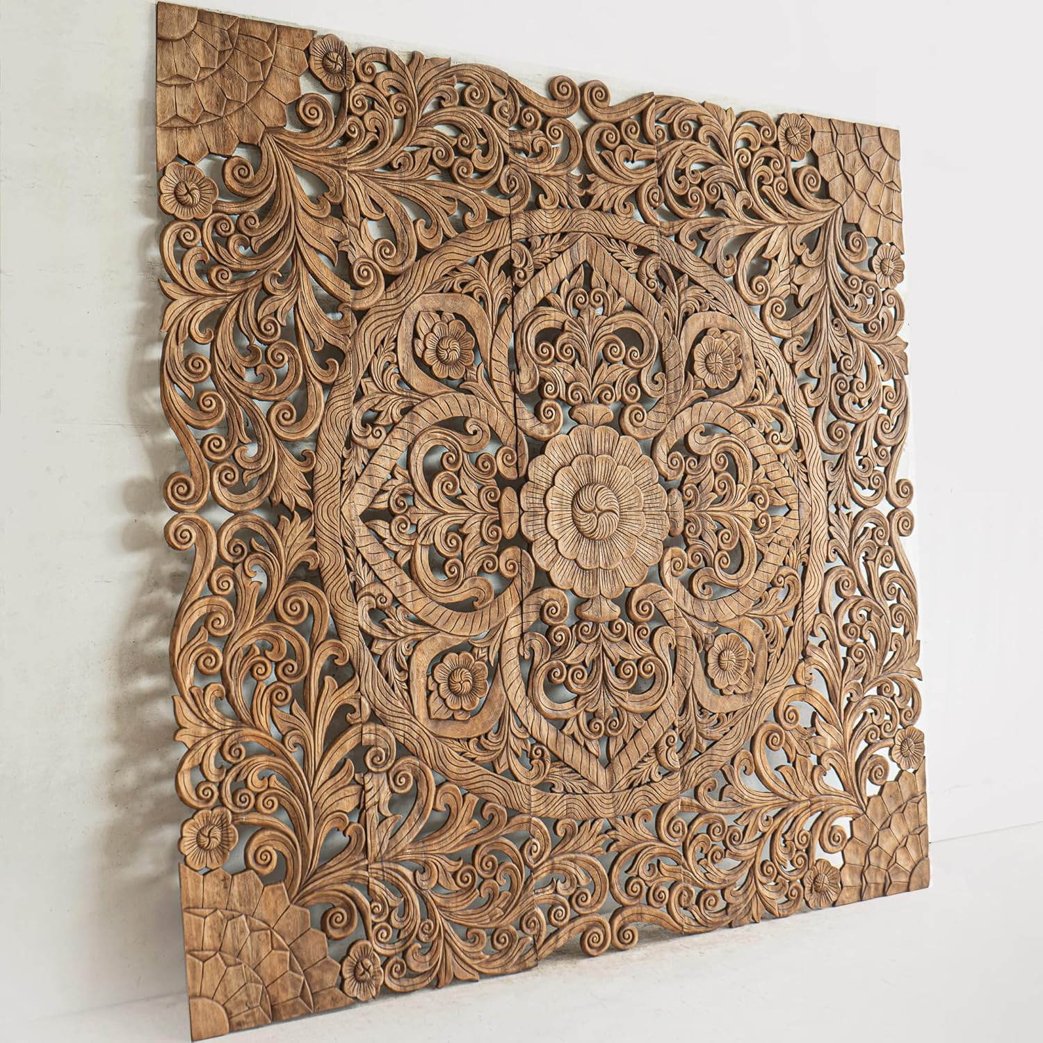 Brown Texas King Size Wood Carved Hanging Headboard F31679