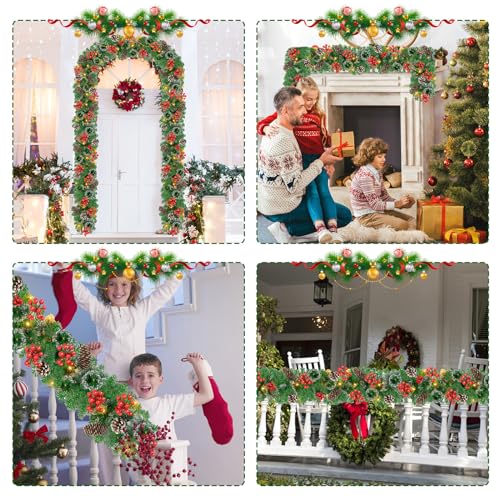 9Ft Pre-lit Christmas Garland with LED Lights Battery Operated, Decorated with Red Flower, Balls, Berries, Snowy Pine B93904