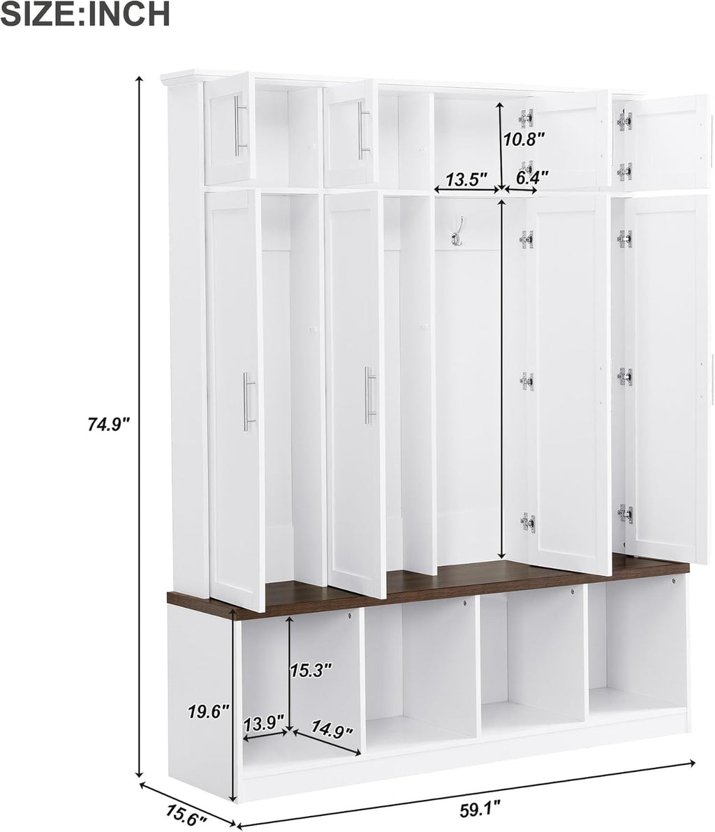 White Wide Entryway Hall Tree with Storage Bench & Shoe Cube Storage, 8 Cabinets, Coat Rack H676148