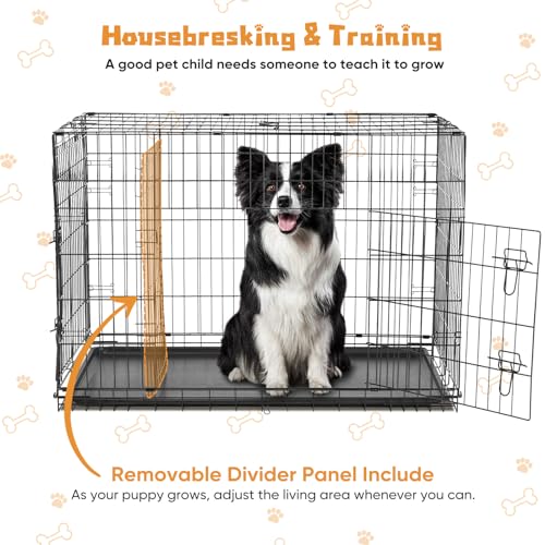 36 Inch Double Door Metal Dog Crate with Divider Panel and Plastic Leak-Proof Pan Tray L39563