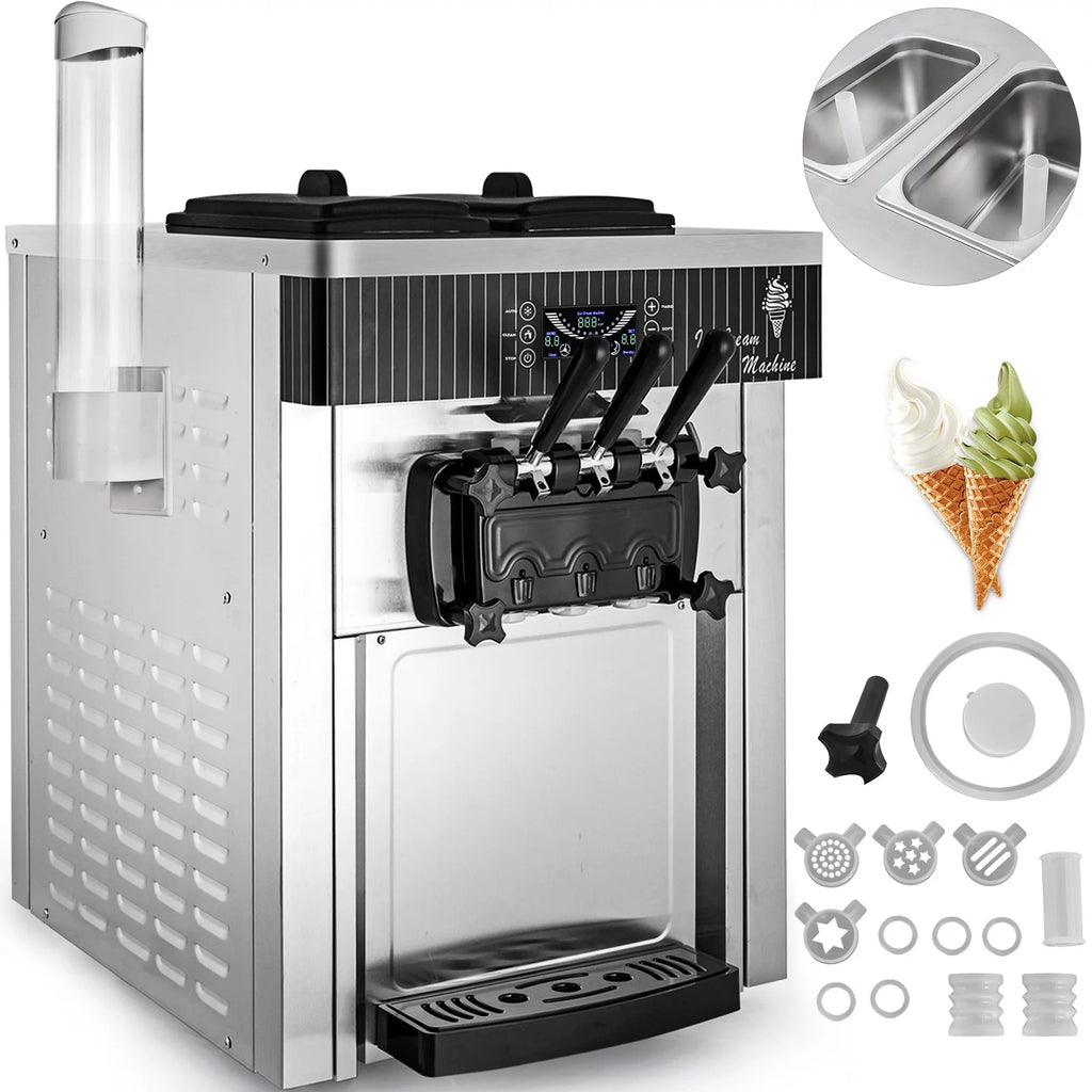 Commercial Ice Cream Machine 20-28L/H Soft Serve 3 Flavors 2200W Silver N9205