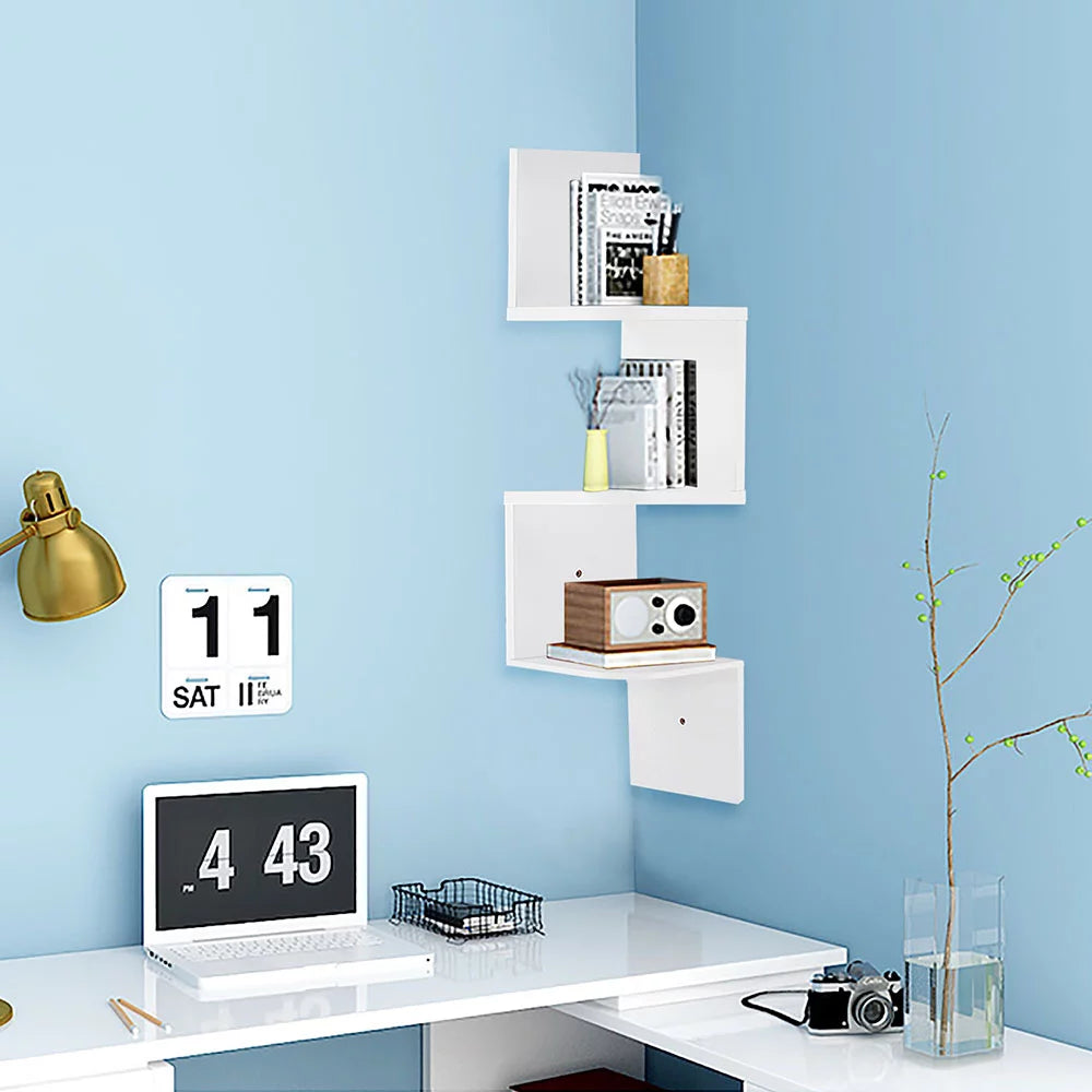 White 3 Tiers Zig Zag Floating Wall Mount Corner Shelf X541