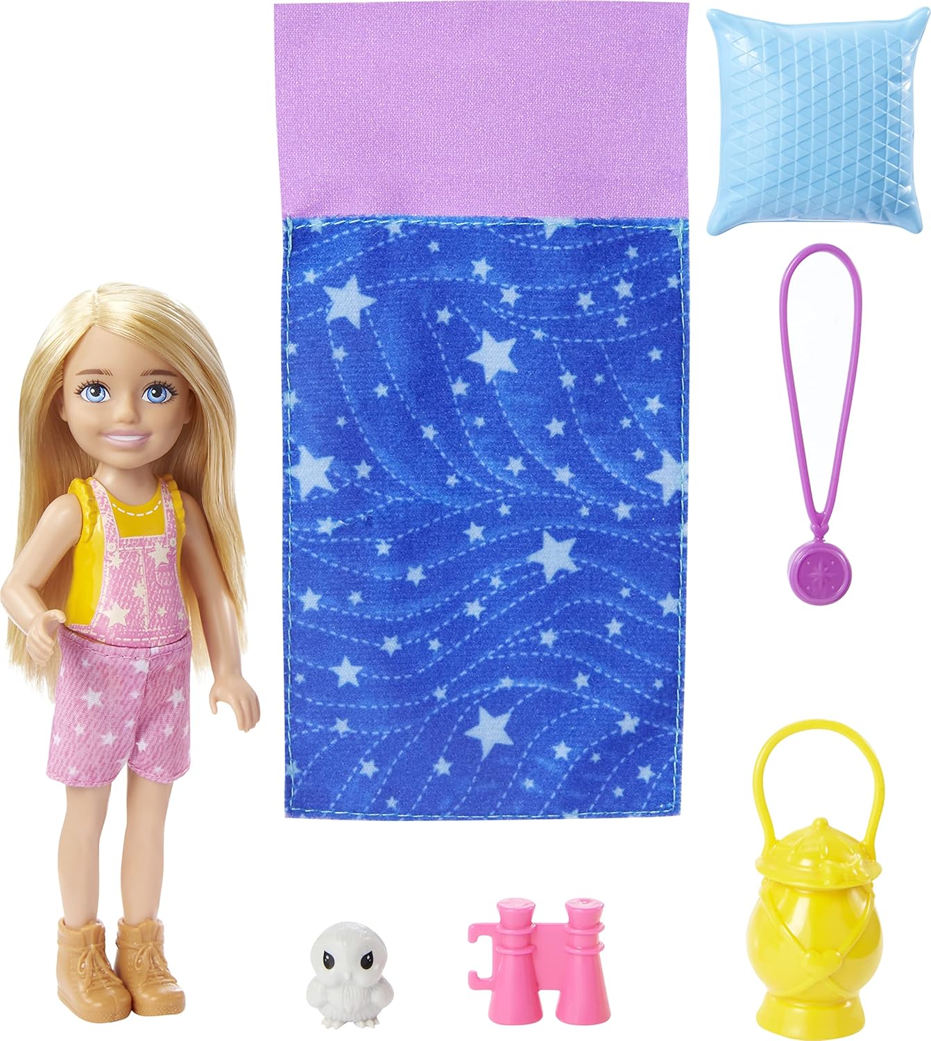 Barbie Doll and Accessories, Camping Doll with Pet Puppy and 10+ Accessories Camping Playset + Chelsea Doll (6 in, Blonde), Pet Owl, Sleeping Bag, Binocu U566465