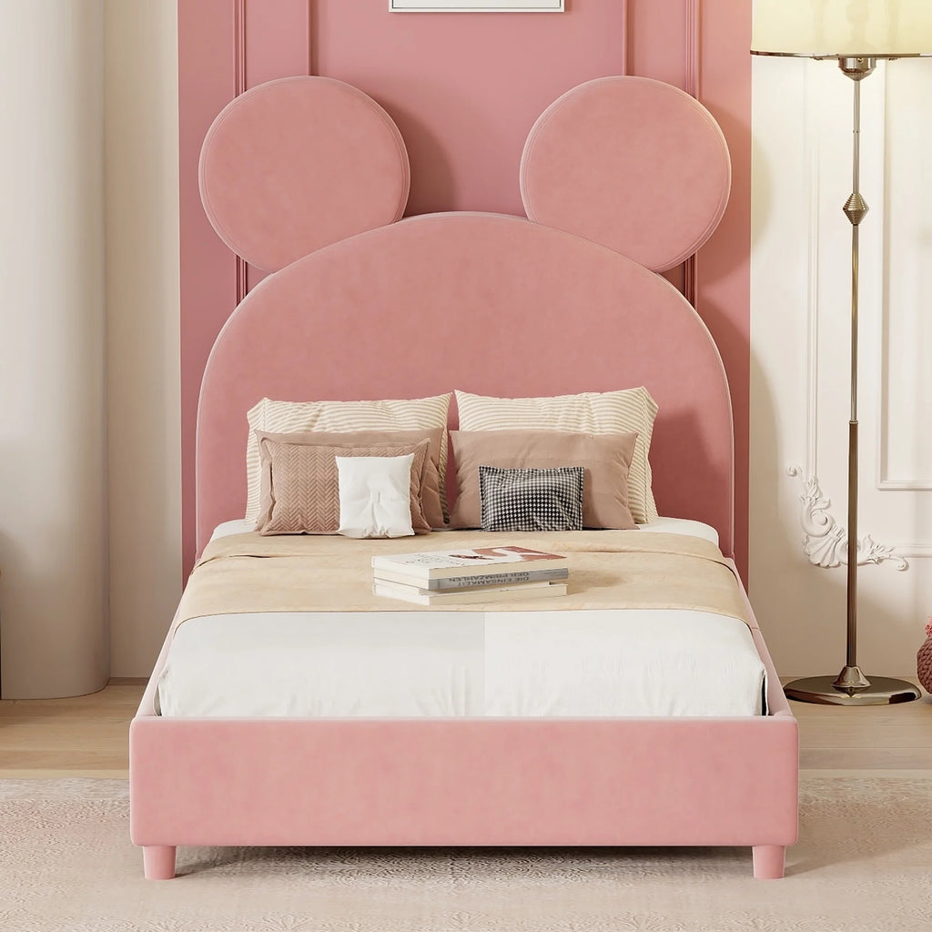 Pink Twin Size Upholstered Platform Bed Frame with Wood Slat Support T45063