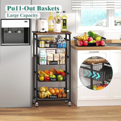 4-Tier Rolling Storage Cart with Pull-Out Baskets and Wood Top K927079