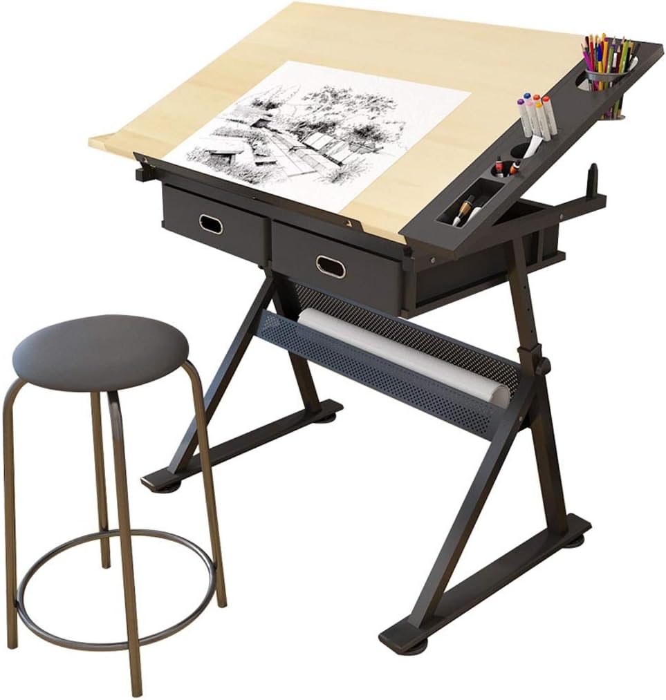 Maple Panel Height Adjustable Drafting Desk with Storage V819