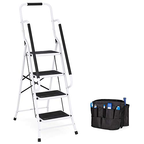 4-Step Folding Step Stool with Padded Hand Grips, Non Slip Rubber Feet, Attachable Tool Bag I16592