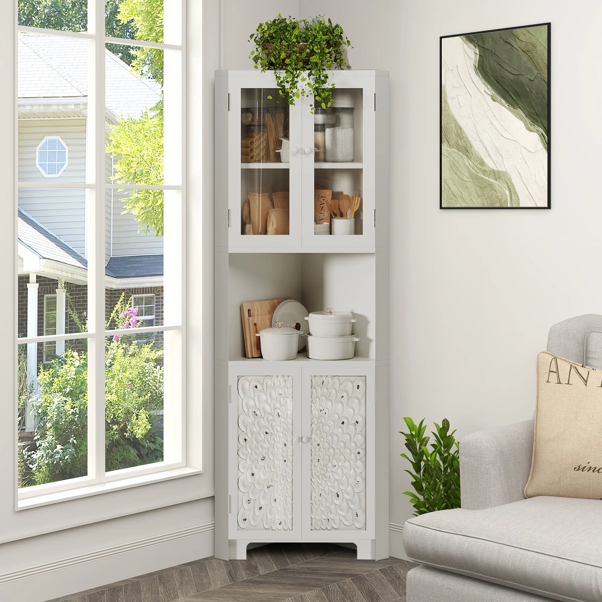White 4 Door Tall Corner Storage Cabinet C45781
