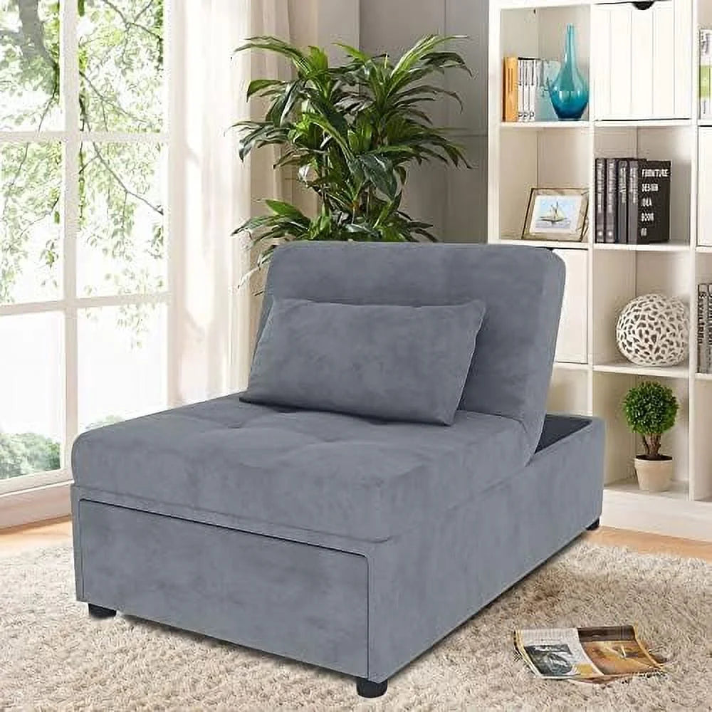 Velvet Convertible Sofa Bed 4 in 1 Folding Ottoman Lounge Chair with Adjustable Backrest and Pillow U3248