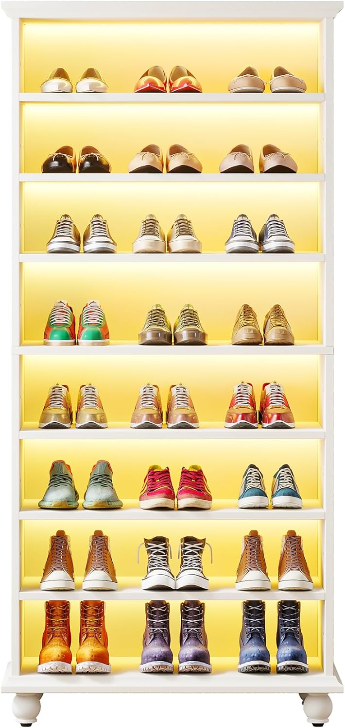 White 9-Tier 30 Pairs Shoe Storage Cabinet with Solid Wood Legs M80643