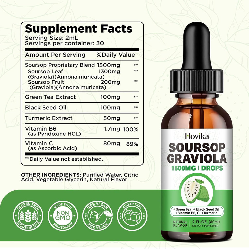Soursop Graviola Liquid Drops 1500mg with Green Tea, Black Seed Oil, Turmeric, Natural-B Flavor 2 Fl Oz U188513