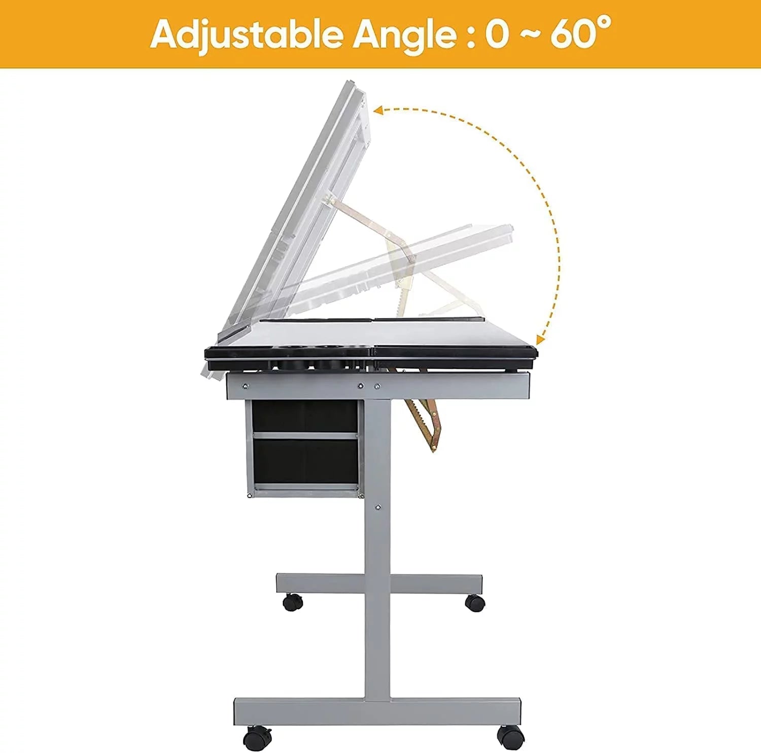Adjustable Glass Tabletop Drawing Desk with 2 Slide Drawers and Wheels Z519611