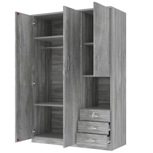 Grey 3 Door Wooden Wardrobe Closet Organizer with Drawers and Hanging Rail C2101
