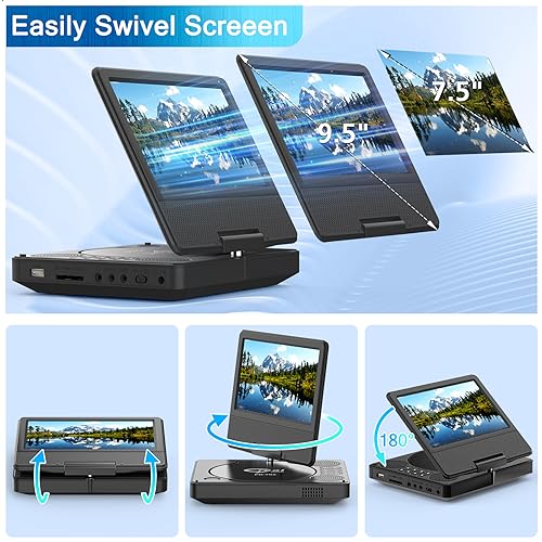 9.5" Portable DVD Player with 7.5" Swivel Display Screen, 5-Hour Built-in Rechargeable Battery, Black Z187199