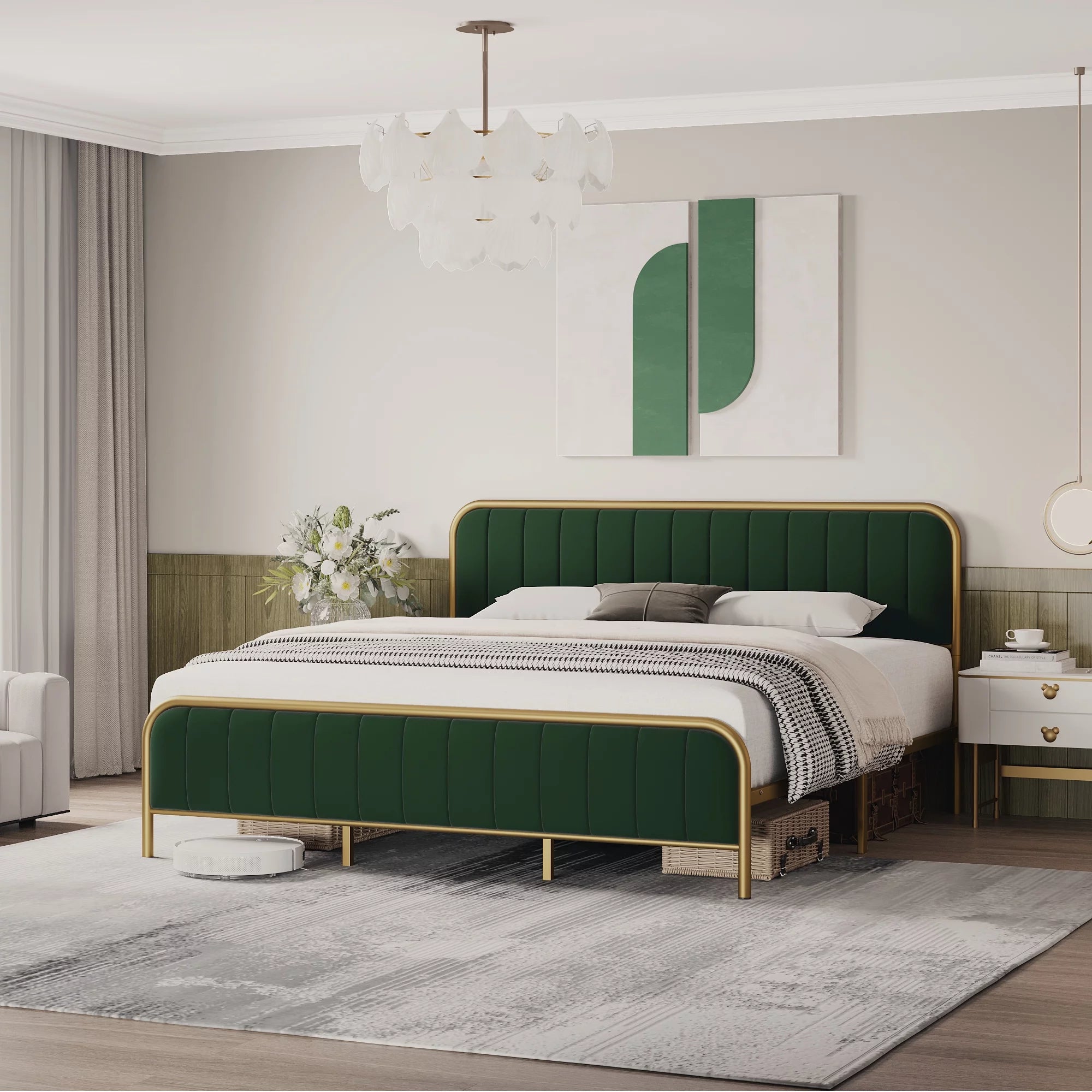 Green Full Size Upholstered Platform Bed Frame with Button Tufted Headboard C63788