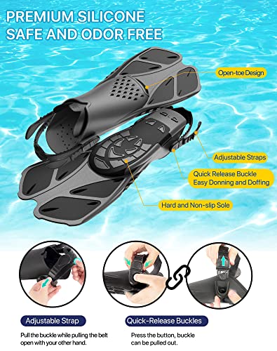 4 in 1 Snorkel Set with Panoramic View Diving Mask, Dry Top Snorkel, Fins and Travel Bag E8015