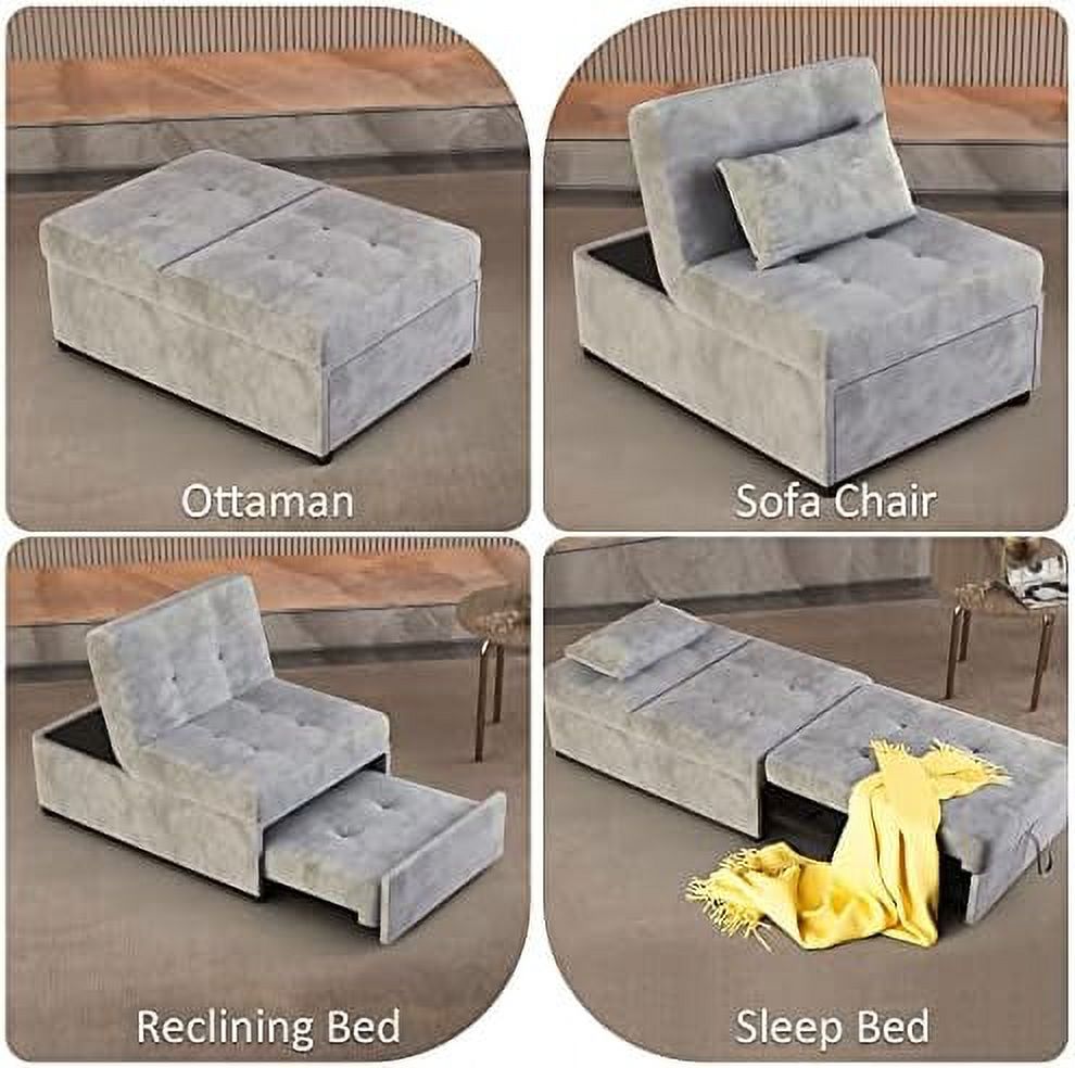 Velvet Convertible Sofa Bed 4 in 1 Folding Ottoman Lounge Chair with Adjustable Backrest and Pillow U3248