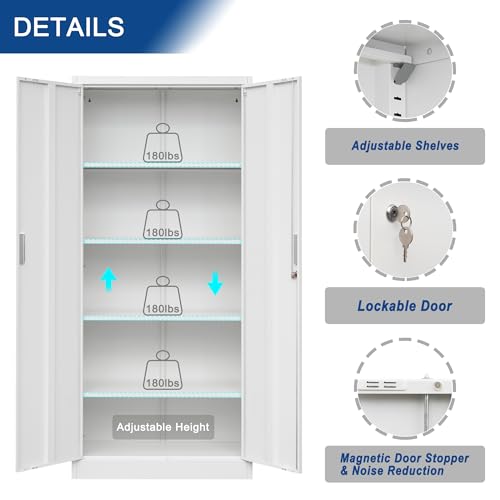 Metal Storage Cabinet with 2 Doors and 5 Adjustable Shelves, 71” White Locking Steel Tool Cabinet B7727