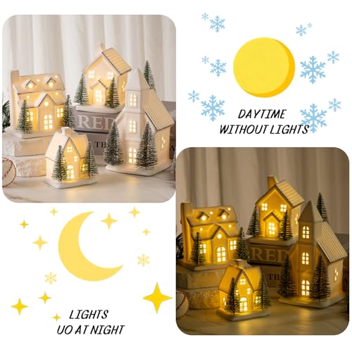4 Pcs Ceramic Christmas Village Set LED Porcelain Houses with Trees White Snow Tabletop Decor K8007