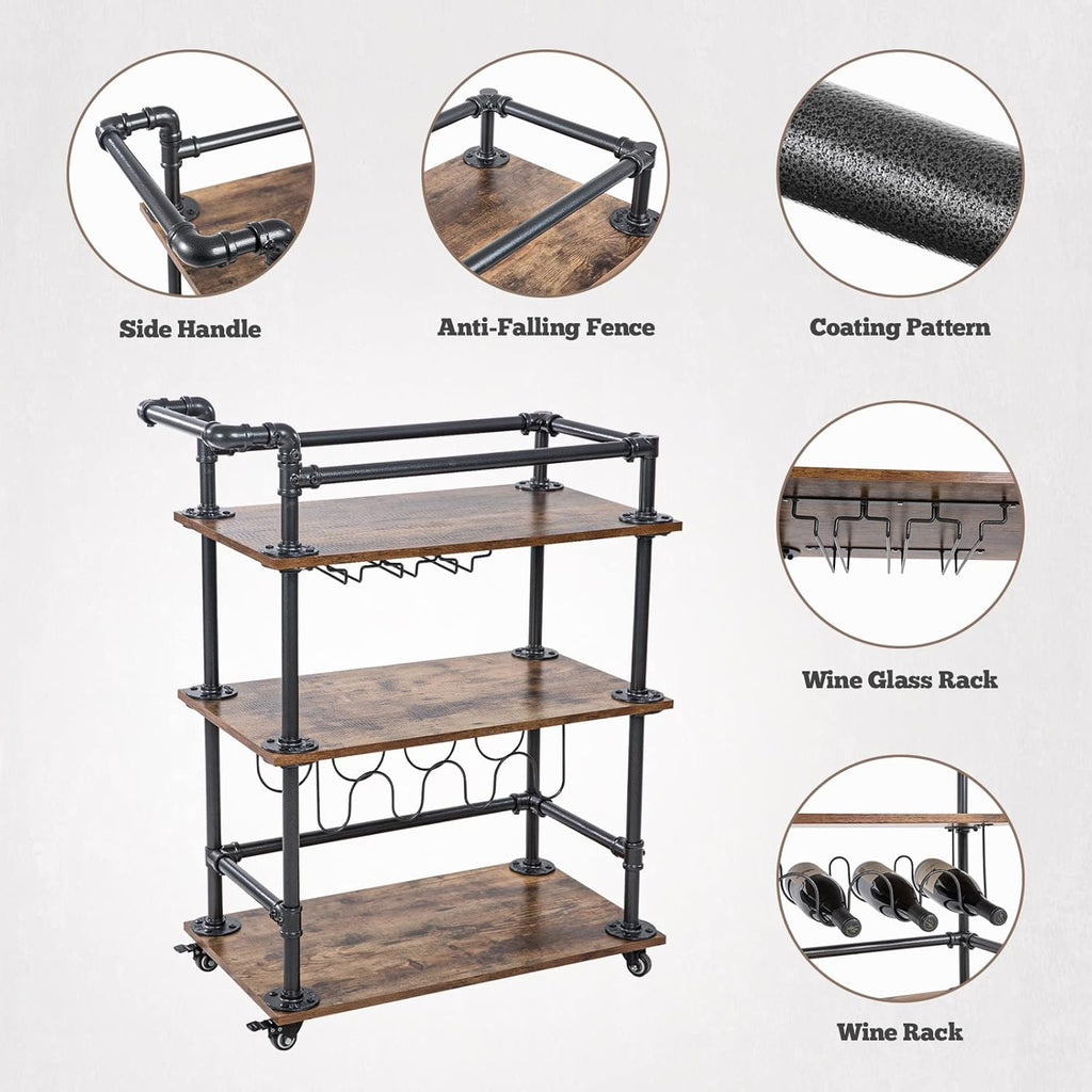 3-Tier Bar Serving Cart with Wheels and Lockable Casters T7448