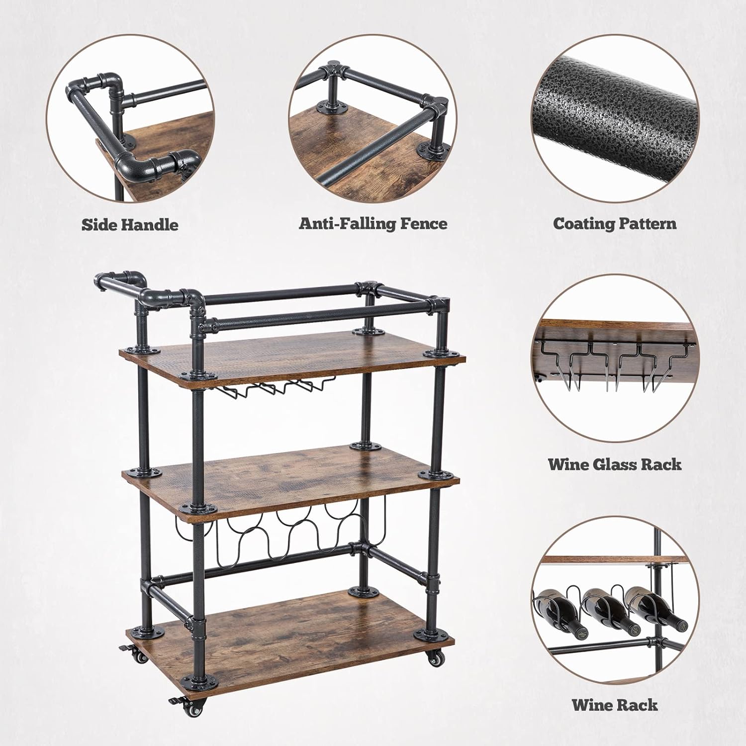 3-Tier Bar Serving Cart with Wheels and Lockable Casters T7448