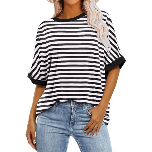 Womens Striped Oversized Short Sleeve Crewneck Tshirts E184