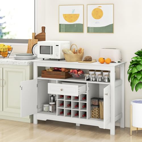 White Bar Cabinet with 12-Bottle Removable Wine Rack, 2 Doors & Drawer S925