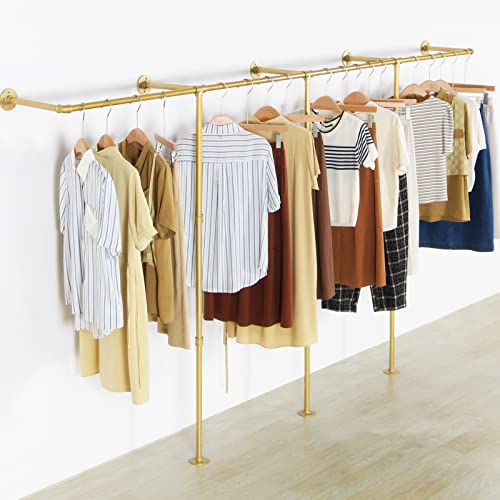 Gold Wall Mounted Clothing Rack with 2 Wooden Shelves A27943