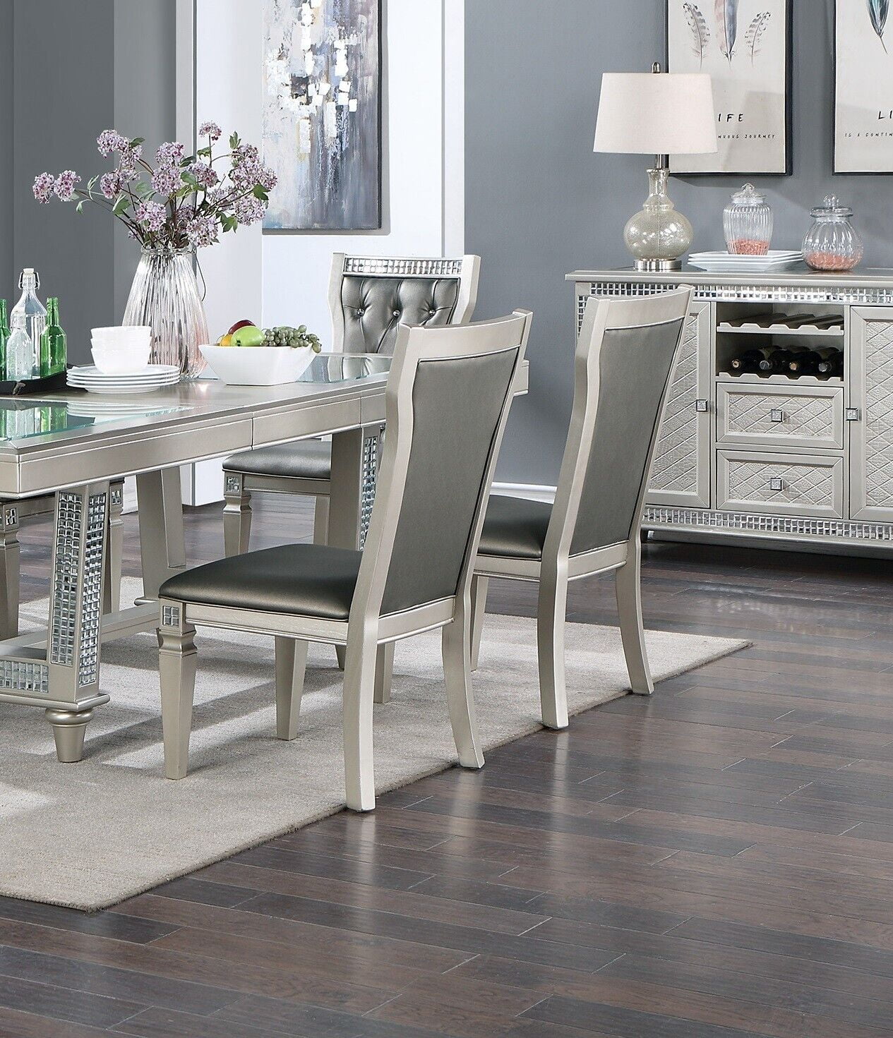 Silver Grey 7pc Dining Table with Glass Insert Top and 6 Side Chairs O88746