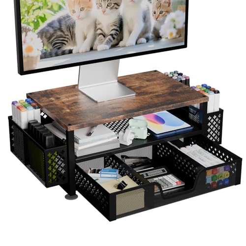 2 Tier Metal Monitor Stand with Drawer and Pen Holder, Black U498144