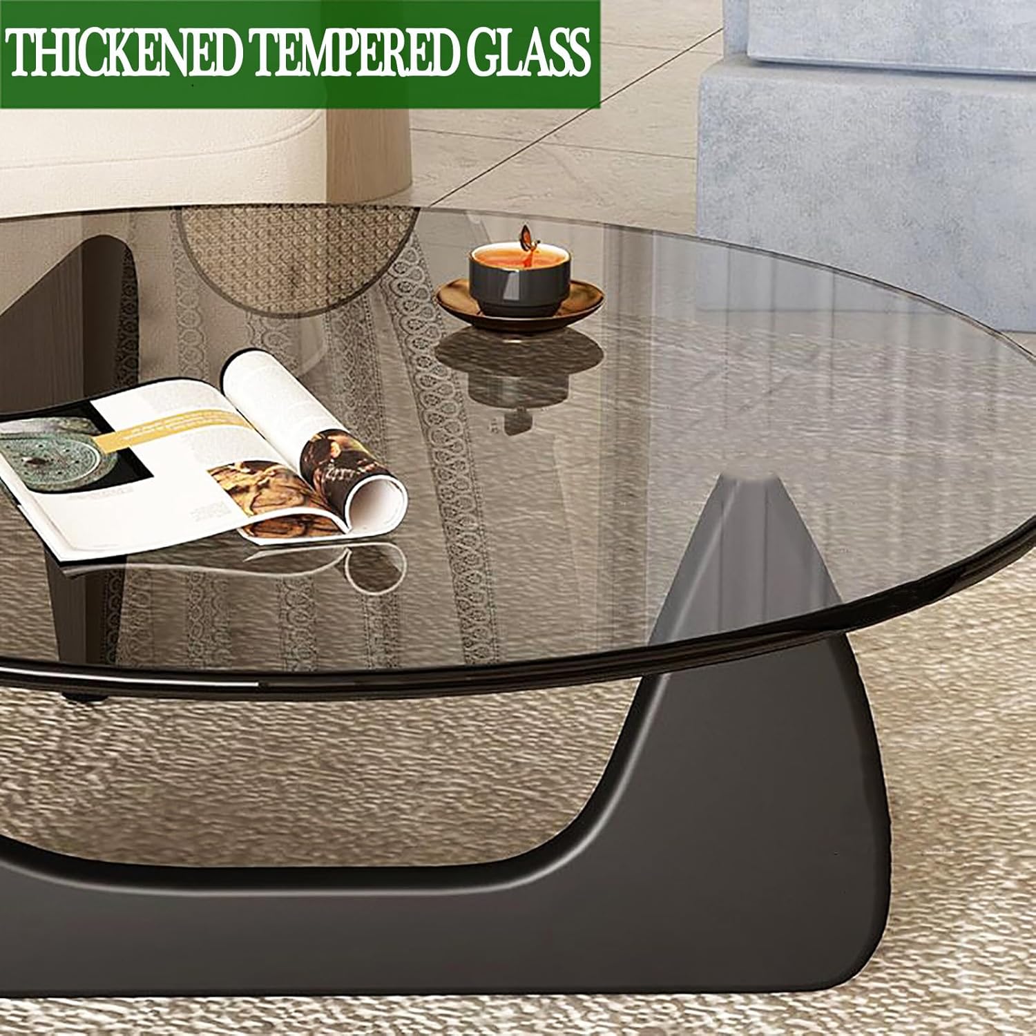 Glass Coffee Table with Solid Wood Base, Gray-Black Z9988