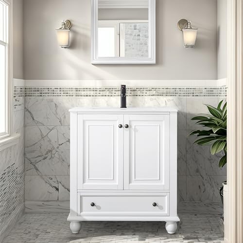 30" Bathroom Vanity Sink Combo with Painted Solid Wood Construction, Undermount Ceramic Sink with Matte Black Faucet & Drain, Pure White X237371