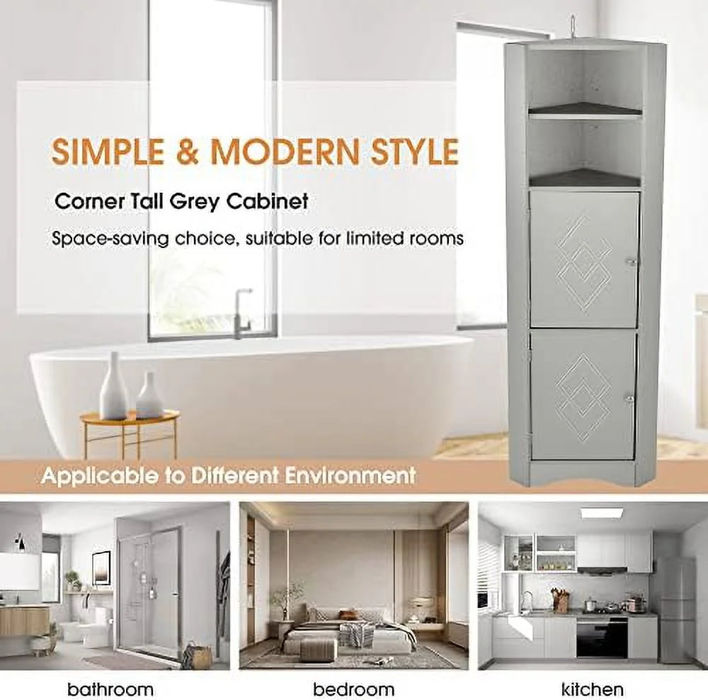 Gray Corner Cabinet with Doors and 2 Adjustable Shelves N877363