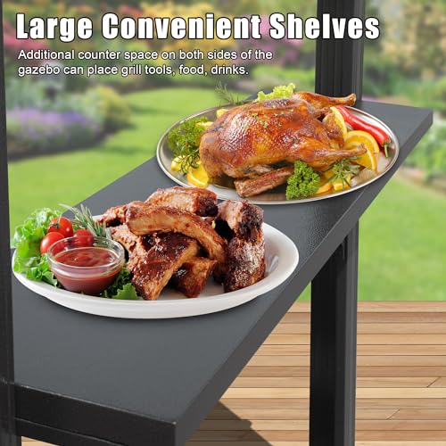 Brown Hardtop Grill Gazebo with 2 Side Shelves Y559