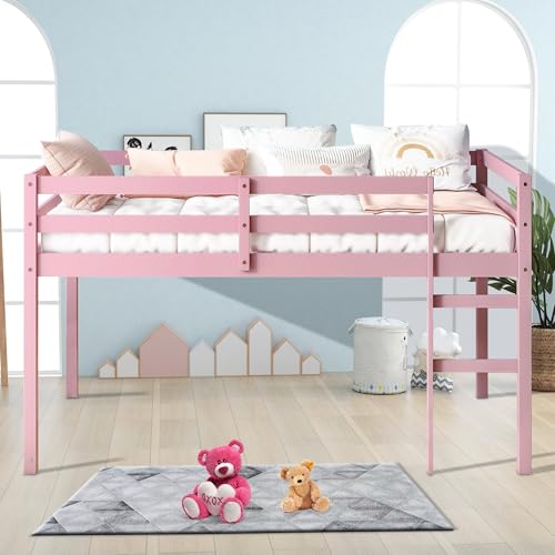 Twin Size Solid Wood Loft Bed Frame with Ladder and Safety Guardrail (White) P903