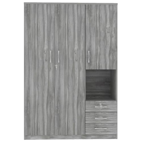 Grey 3 Door Wooden Wardrobe Closet Organizer with Drawers and Hanging Rail C2101