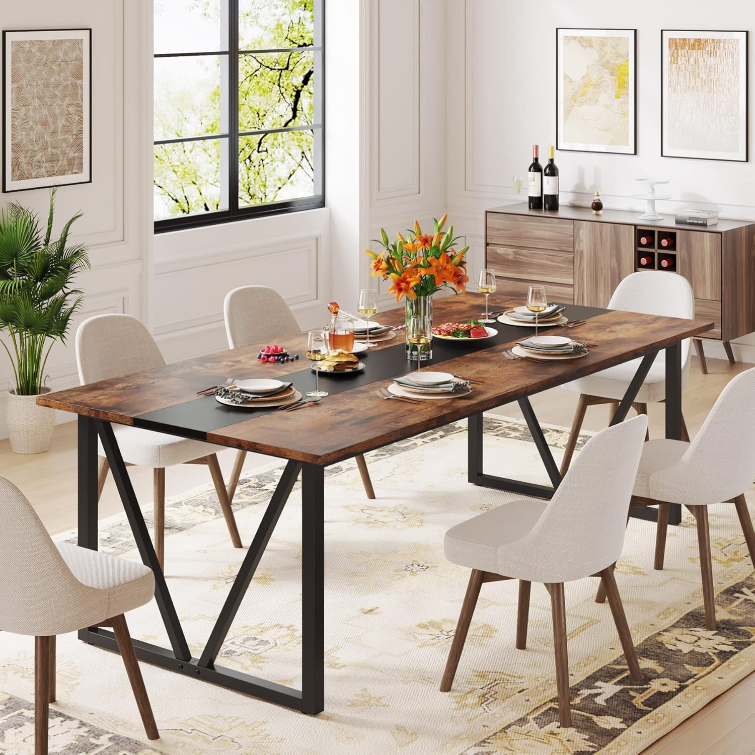 70.8-inch Rectangular Wood Dining Table with Metal Frame B66926