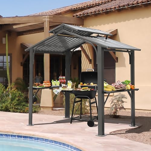 Brown Hardtop Grill Gazebo with 2 Side Shelves Y559