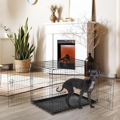 36 Inch Double Door Metal Dog Crate with Divider Panel and Plastic Leak-Proof Pan Tray L39563