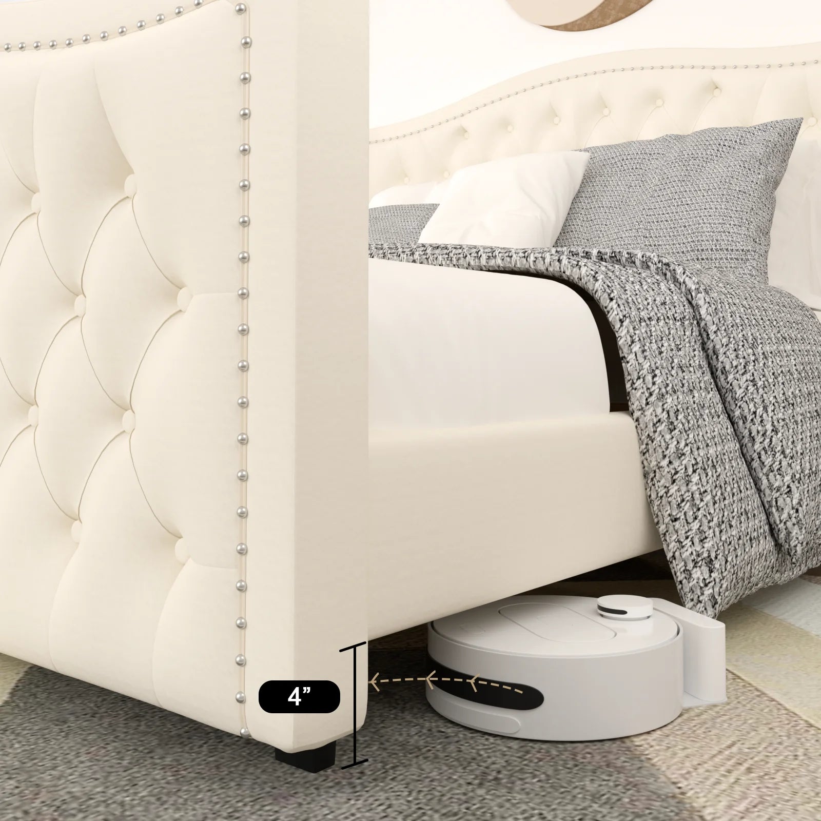 White Velvet Upholstered Tufted Platform Bed Frame V876