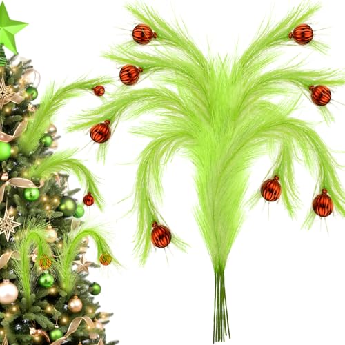 8Pcs Lime Green Fluffy Curly Christmas Tree Picks Decorations with Red Ball T6346