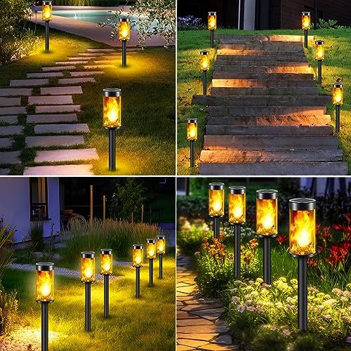 8 Packs Solar Torches with Flickering Flame Waterproof Transparent LED Solar Pathway Lights R3429