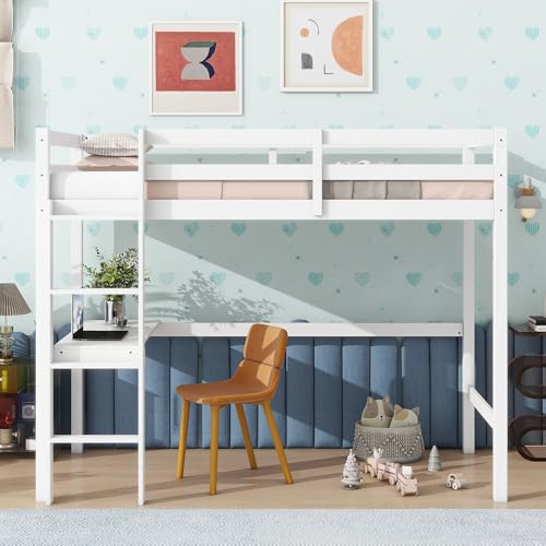 Twin Size Solid Wood Loft Bed Frame with Ladder and Safety Guardrail (White) P903