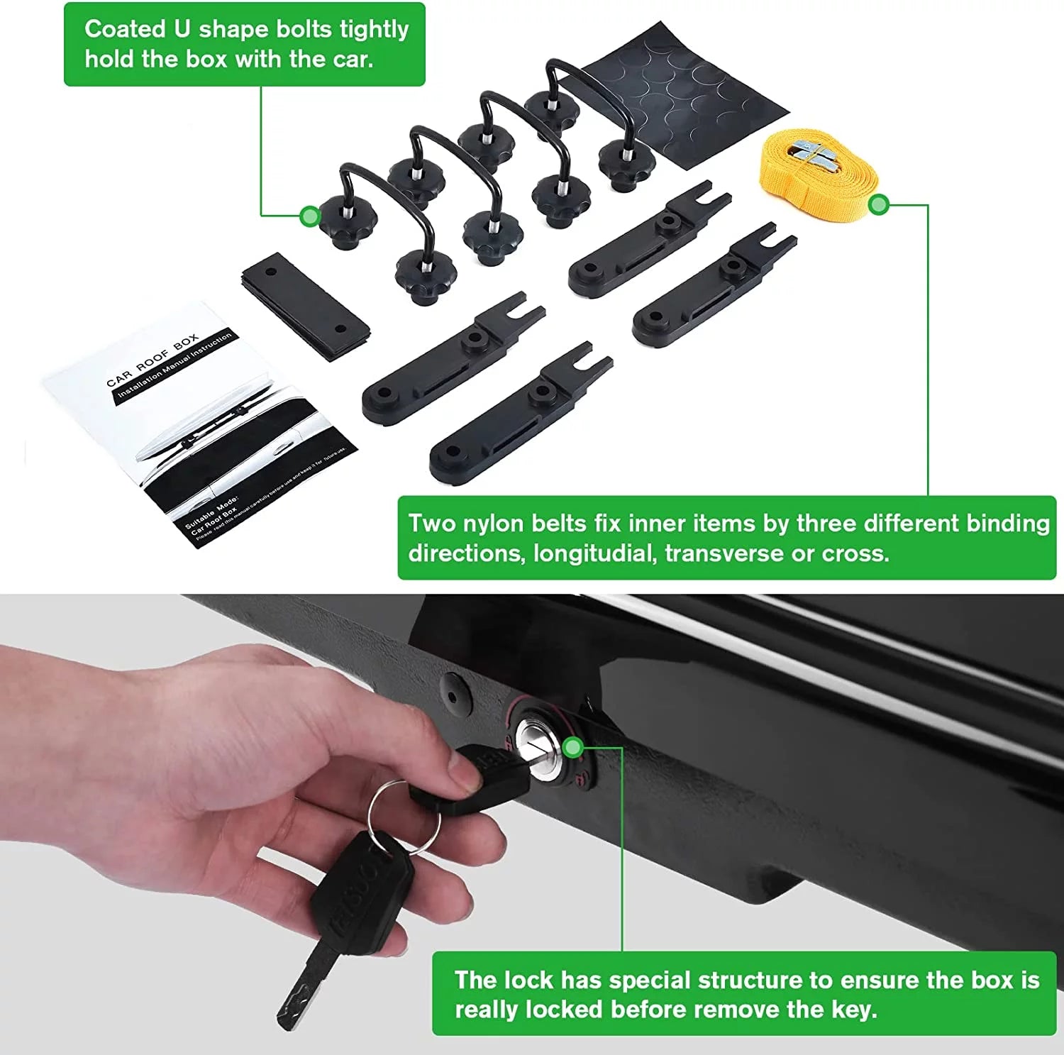 Large Hard Shell Rooftop Cargo Box, 62 x 31 x 15 Inches, 15 Cubic Feet, Black A868
