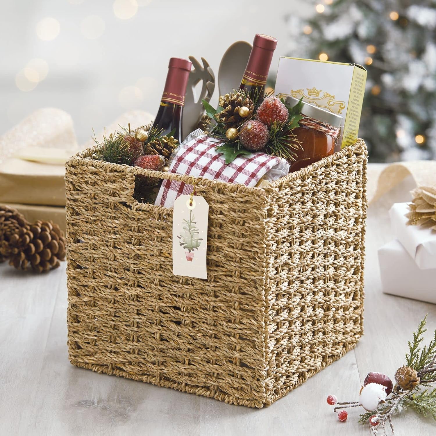 Seagrass Woven Cube Basket Organizer with Handles - 4 Pack - Natural/Tan V530