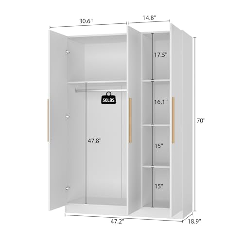 White 3 Door Armoire Wardrobe with Shelves O117