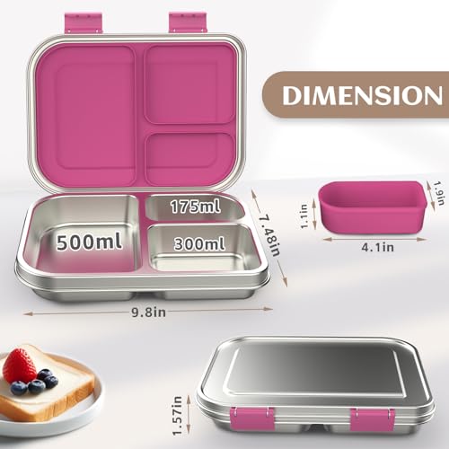 Pink 3 Compartments Leak Proof Stainless Steel Bento Lunch Box N1817