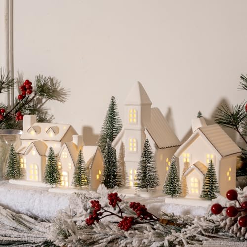 4 Pcs Ceramic Christmas Village Set LED Porcelain Houses with Trees White Snow Tabletop Decor K8007